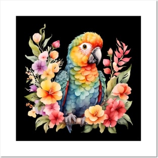 A parrot decorated with beautiful watercolor flowers Posters and Art